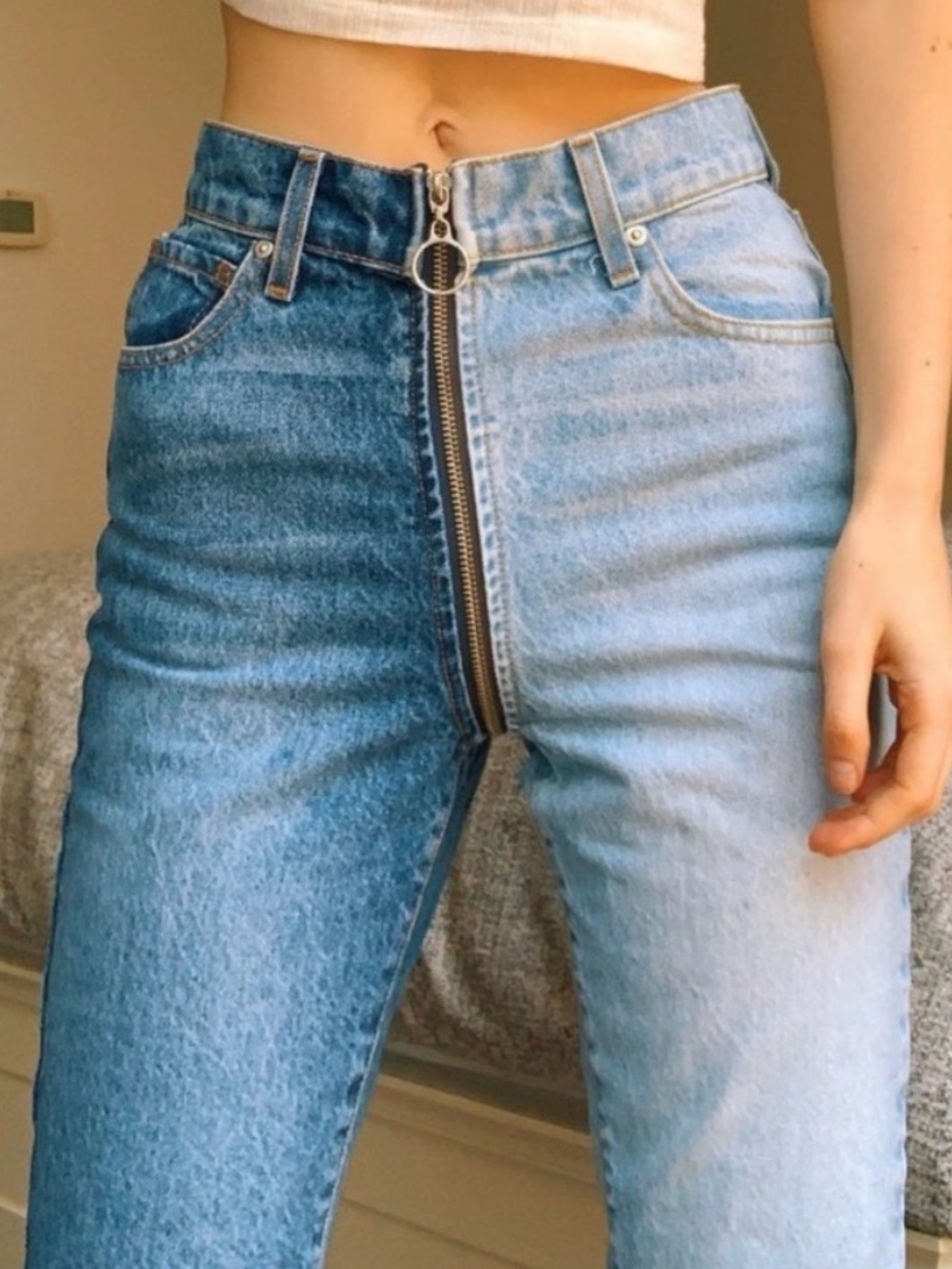 REVICE YinYang Two-Tone Light & Dark Blue High-Rise Zip Jeans
